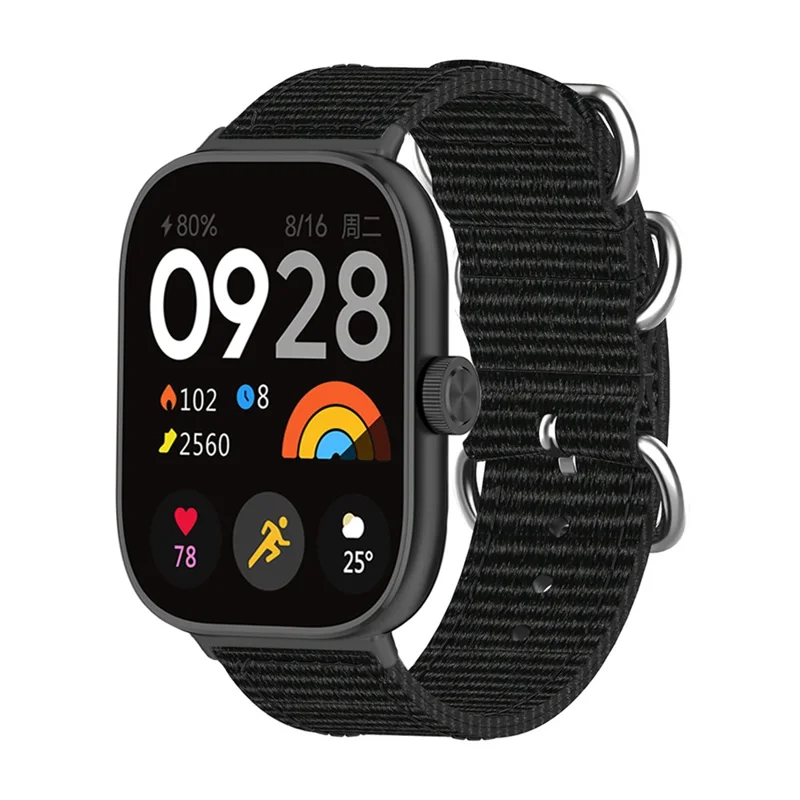 Bracelet en nylon pour Xiaomi Smart Band 9 Pro / 8 Pro / Redmi Watch 5 eSIM / 5 / 4 Bracelet de montre à trois anneaux avec connecteur en métal - Noir
