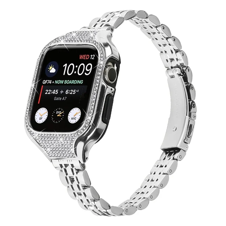 Compra al por mayor Banda de metal con caja de reloj para Apple Watch Series 9 8 7 41 mm, correa de reloj de acero inoxidable de 7 perlas plateada