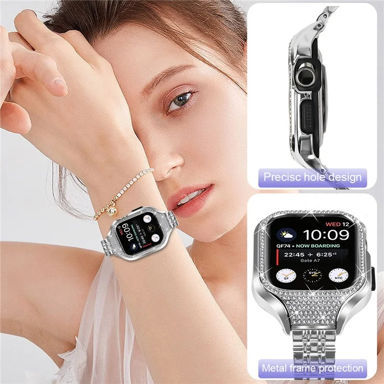 Compra al por mayor Banda de metal con caja de reloj para Apple Watch Series 9 8 7 41 mm, correa de reloj de acero inoxidable de 7 perlas plateada