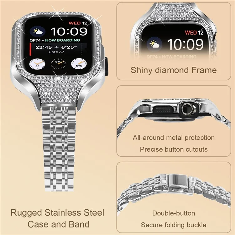 Compra al por mayor Banda de metal con caja de reloj para Apple Watch Series 9 8 7 41 mm, correa de reloj de acero inoxidable de 7 perlas plateada