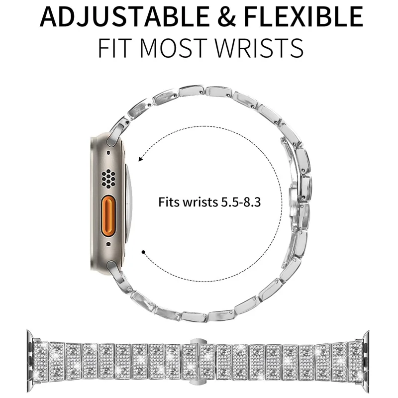 Watch Band For Apple Watch Series 11 10 42mm / 9 8 7 41mm / SE3 SE2 SE 6 5 4 40mm / 3 2 1 38mm Alloy Metal Rhinestones Decor Strap with Butterfly Clasp - Silver