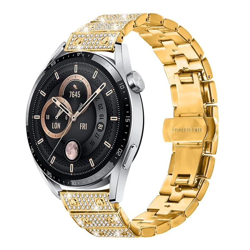 For Huawei Watch 3 / Watch 3 Pro Watch Band Alloy Metal Rhinestones Decor Strap with Butterfly Clasp - Gold