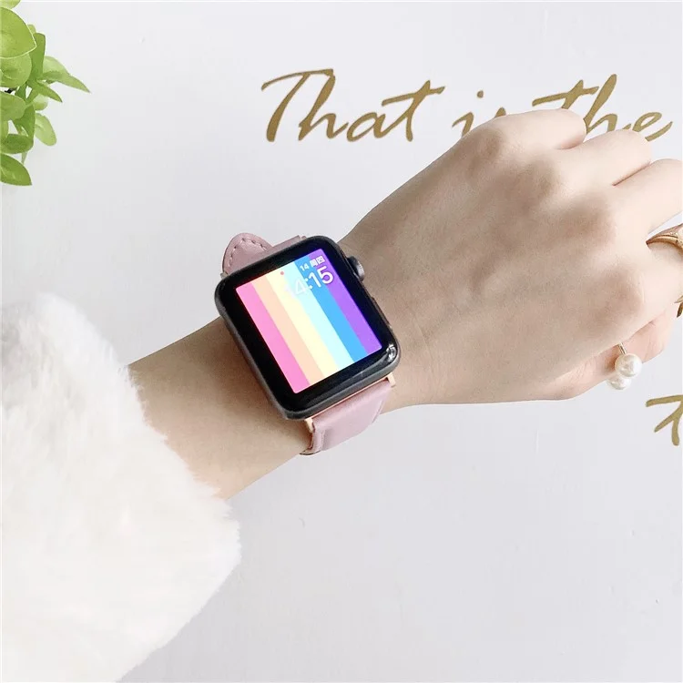 22mm Solid Color Genuine Leather Watch Band for Apple Watch Series 10 42mm / 9 8 7 41mm / 6 5 4 SE SE (2022) SE (2023) 40mm / 3 2 1 38mm - Pink