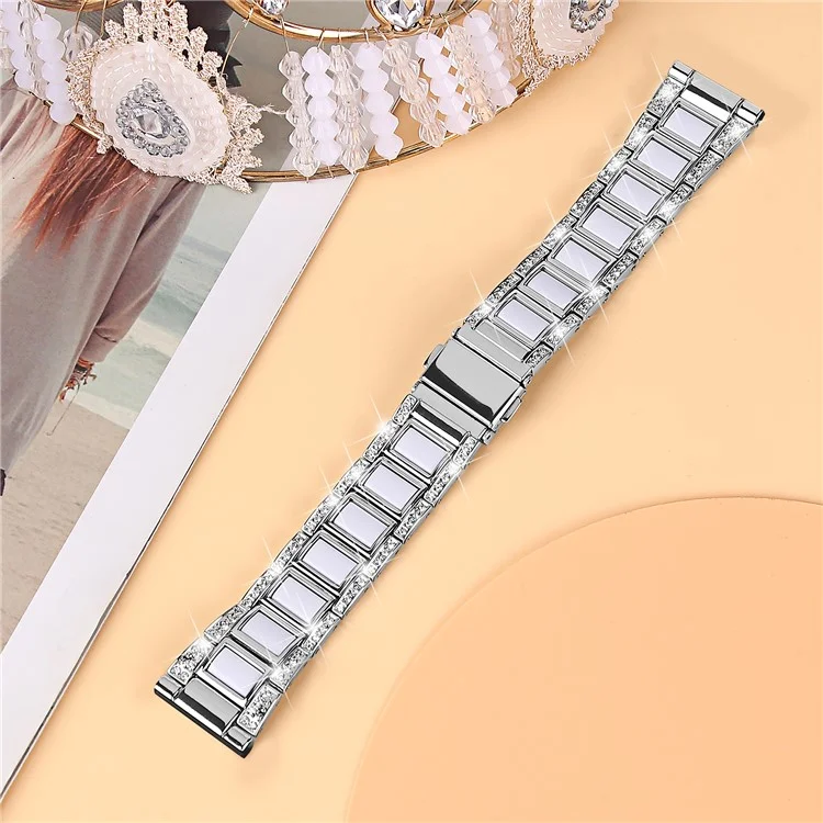 Achat en vrac de bracelet en métal pour Samsung Galaxy Watch4 Classic / Watch4 Active Bracelet de montre avec décoration de strass - Argent / Blanc