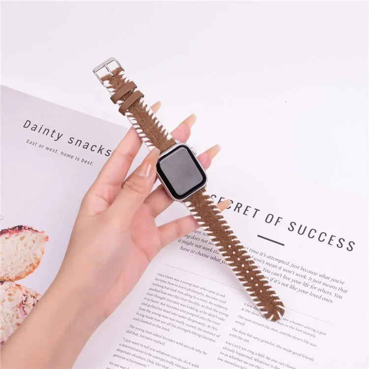 Correa de reloj para Apple Watch Series 10 9 8 7 SE 6 5 4 3 2 1 de 42 mm, 41 mm, 40 mm y 38 mm, de tela de lana cosida a mano - Blanco+Marrón