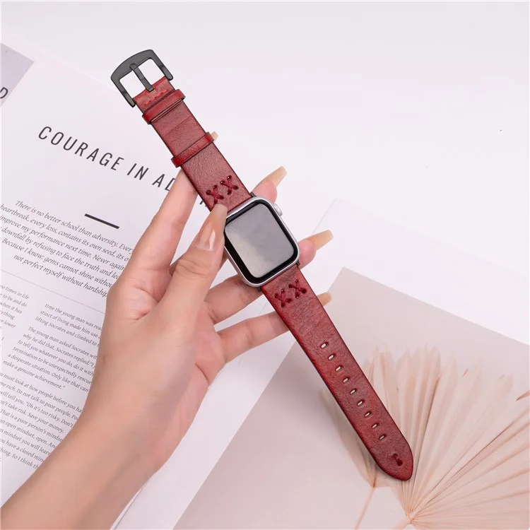 Watch Strap for Apple Watch Series 10 Ultra 9 8 7 SE 6 5 4 3 2 1 46mm 49mm 45mm 44mm 42mm Hand Stitched Lines Genuine Cow Leather Band - Red
