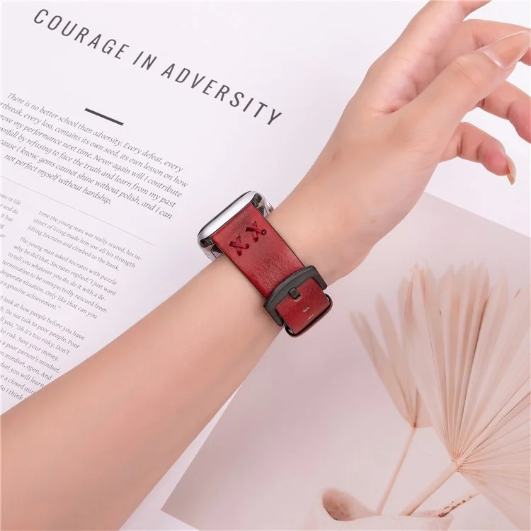 Watch Strap for Apple Watch Series 10 Ultra 9 8 7 SE 6 5 4 3 2 1 46mm 49mm 45mm 44mm 42mm Hand Stitched Lines Genuine Cow Leather Band - Red