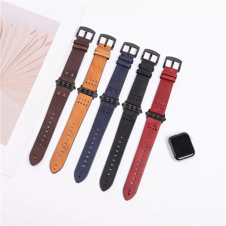 Watch Strap for Apple Watch Series 10 Ultra 9 8 7 SE 6 5 4 3 2 1 46mm 49mm 45mm 44mm 42mm Hand Stitched Lines Genuine Cow Leather Band - Red