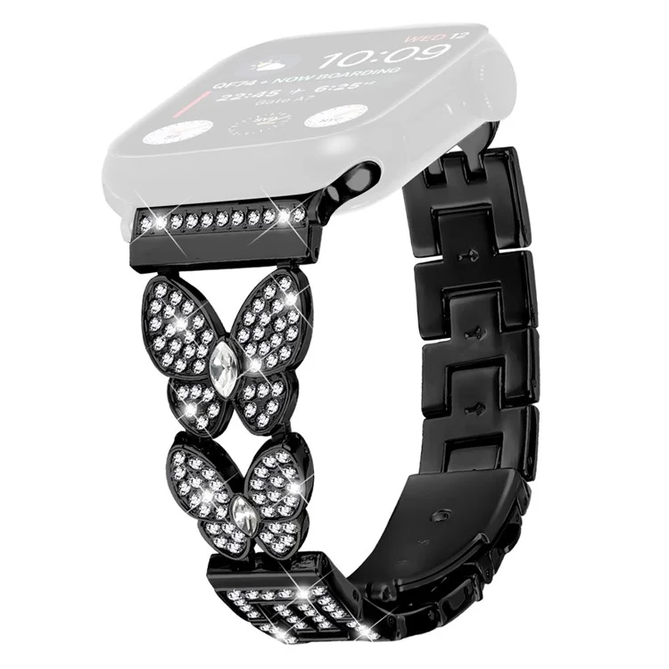 Cinturino per Apple Watch Series 10 Ultra 9 8 7 SE 6 5 4 3 2 1 46mm 49mm 45mm 44mm 42mm con decorazioni in strass a forma di farfalla e cinturino in lega metallica - Nero
