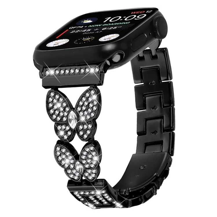 Cinturino per Apple Watch Series 10 Ultra 9 8 7 SE 6 5 4 3 2 1 46mm 49mm 45mm 44mm 42mm con decorazioni in strass a forma di farfalla e cinturino in lega metallica - Nero