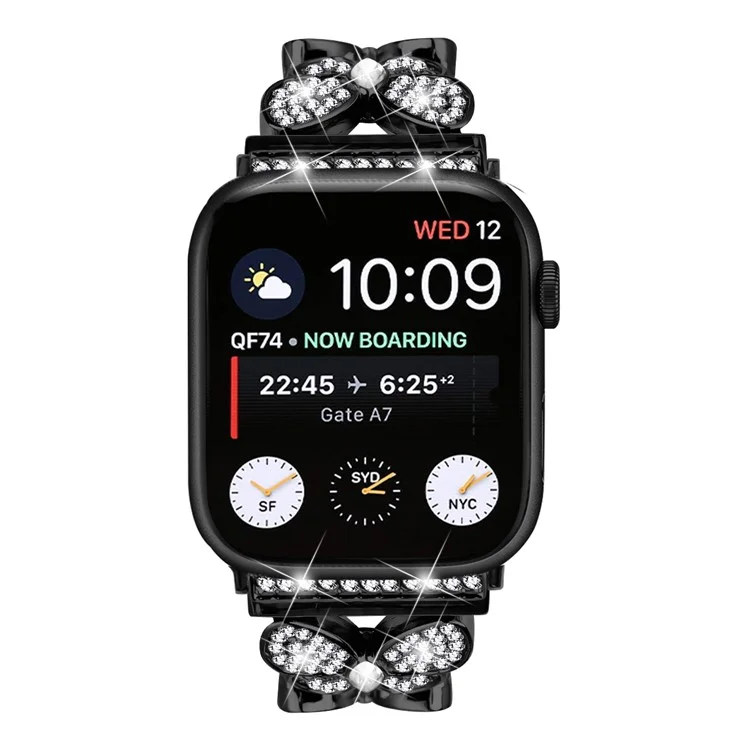 Cinturino per Apple Watch Series 10 Ultra 9 8 7 SE 6 5 4 3 2 1 46mm 49mm 45mm 44mm 42mm con decorazioni in strass a forma di farfalla e cinturino in lega metallica - Nero