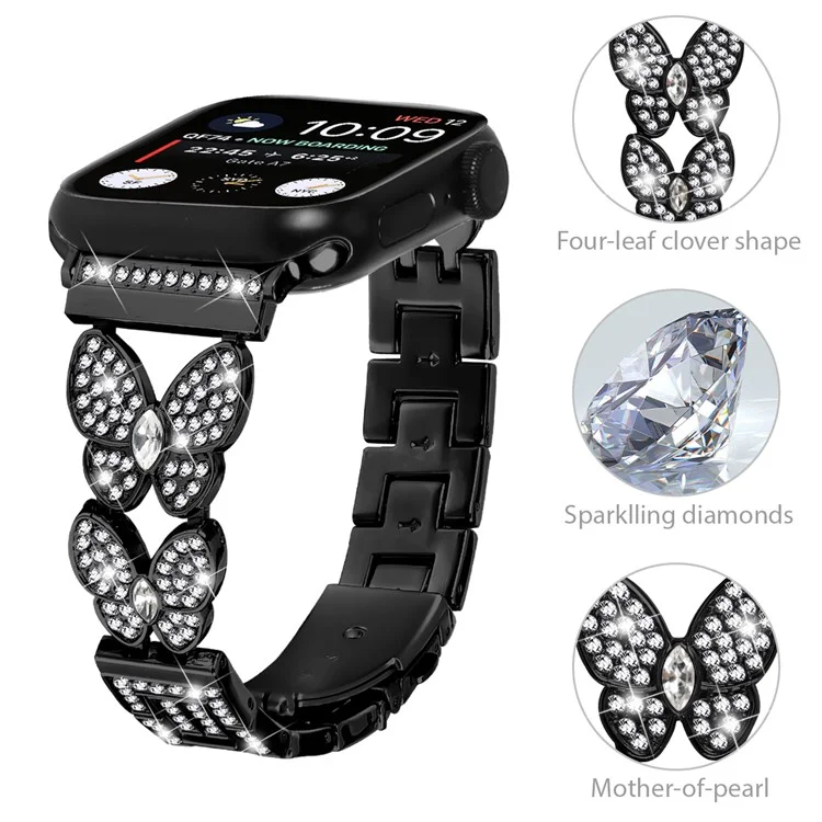 Cinturino per Apple Watch Series 10 Ultra 9 8 7 SE 6 5 4 3 2 1 46mm 49mm 45mm 44mm 42mm con decorazioni in strass a forma di farfalla e cinturino in lega metallica - Nero