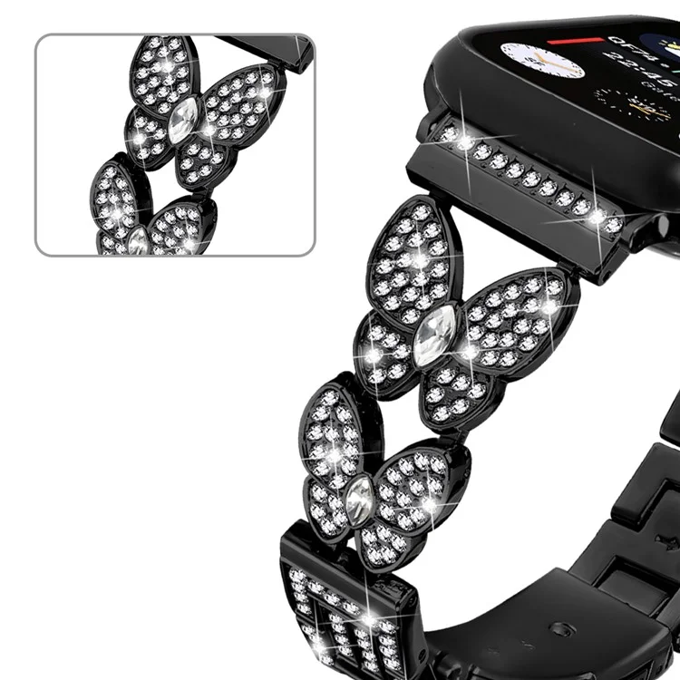 Cinturino per Apple Watch Series 10 Ultra 9 8 7 SE 6 5 4 3 2 1 46mm 49mm 45mm 44mm 42mm con decorazioni in strass a forma di farfalla e cinturino in lega metallica - Nero