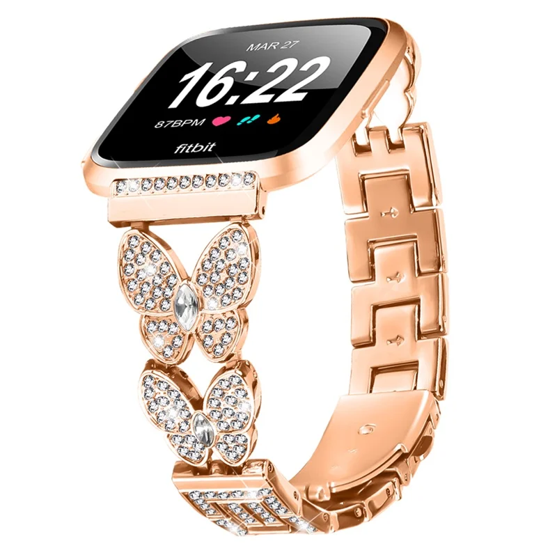 For Fitbit Versa / Versa 2 Watch Band Butterfly Rhinestones Decor Alloy Metal Strap - Rose Gold