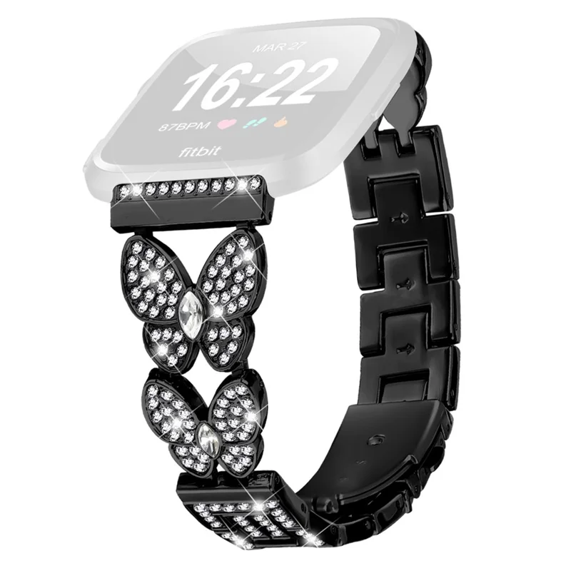 For Fitbit Versa / Versa 2 Watch Band Butterfly Rhinestones Decor Alloy Metal Strap - Black