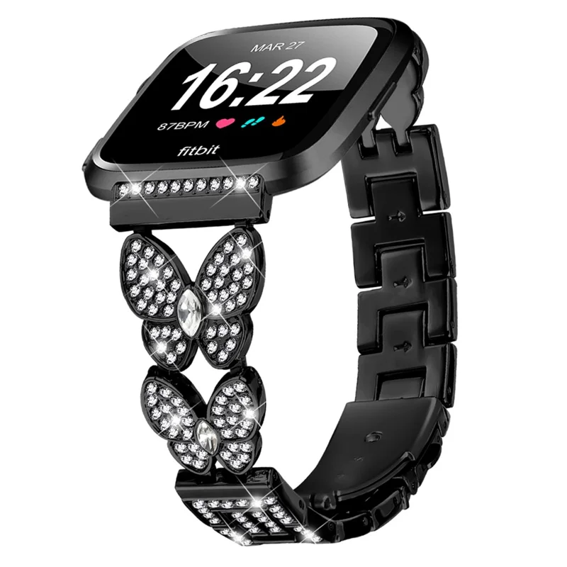 For Fitbit Versa / Versa 2 Watch Band Butterfly Rhinestones Decor Alloy Metal Strap - Black