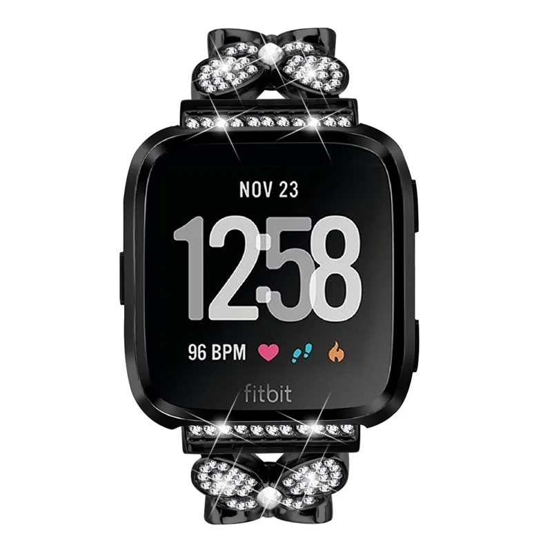 For Fitbit Versa / Versa 2 Watch Band Butterfly Rhinestones Decor Alloy Metal Strap - Black