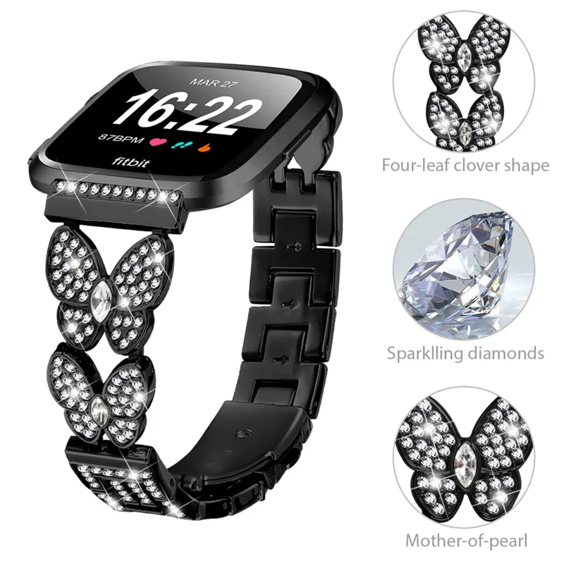 For Fitbit Versa / Versa 2 Watch Band Butterfly Rhinestones Decor Alloy Metal Strap - Black