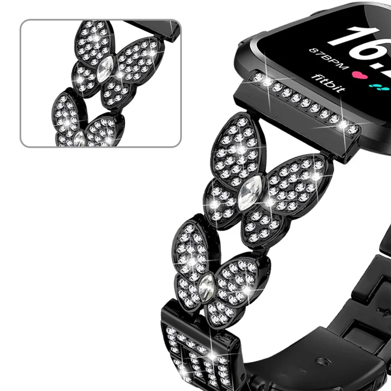 For Fitbit Versa / Versa 2 Watch Band Butterfly Rhinestones Decor Alloy Metal Strap - Black