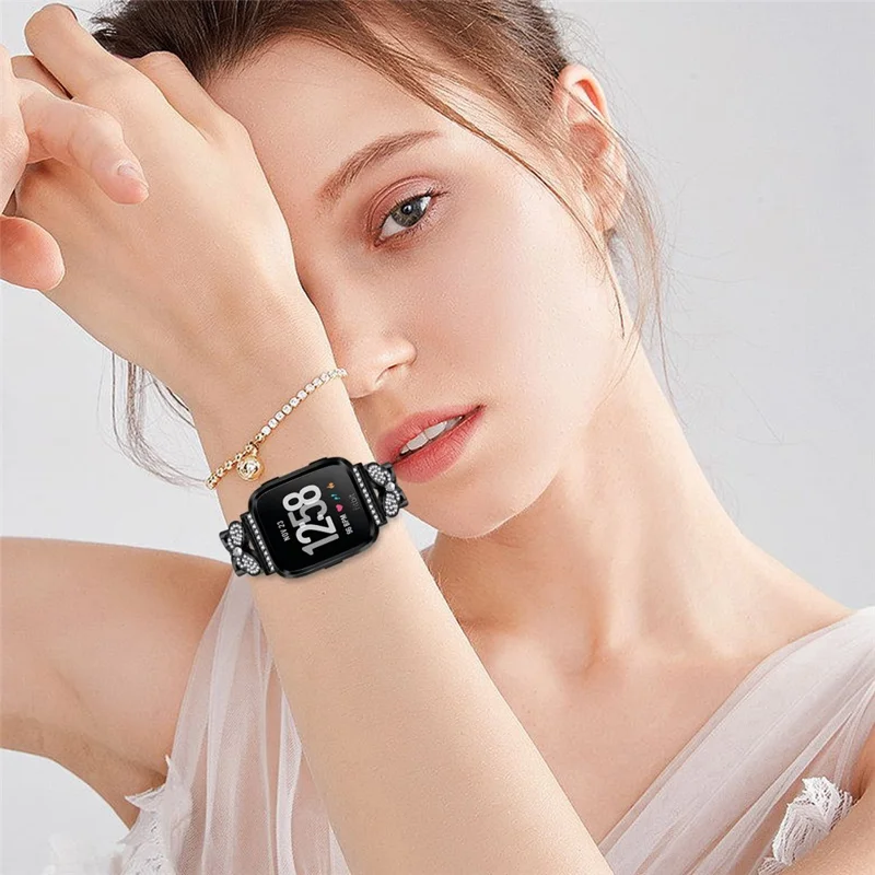 For Fitbit Versa / Versa 2 Watch Band Butterfly Rhinestones Decor Alloy Metal Strap - Black
