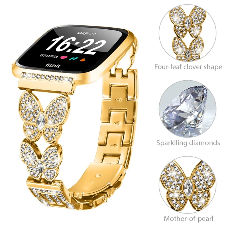 For Fitbit Versa / Versa 2 Watch Band Butterfly Rhinestones Decor Alloy Metal Strap - Gold