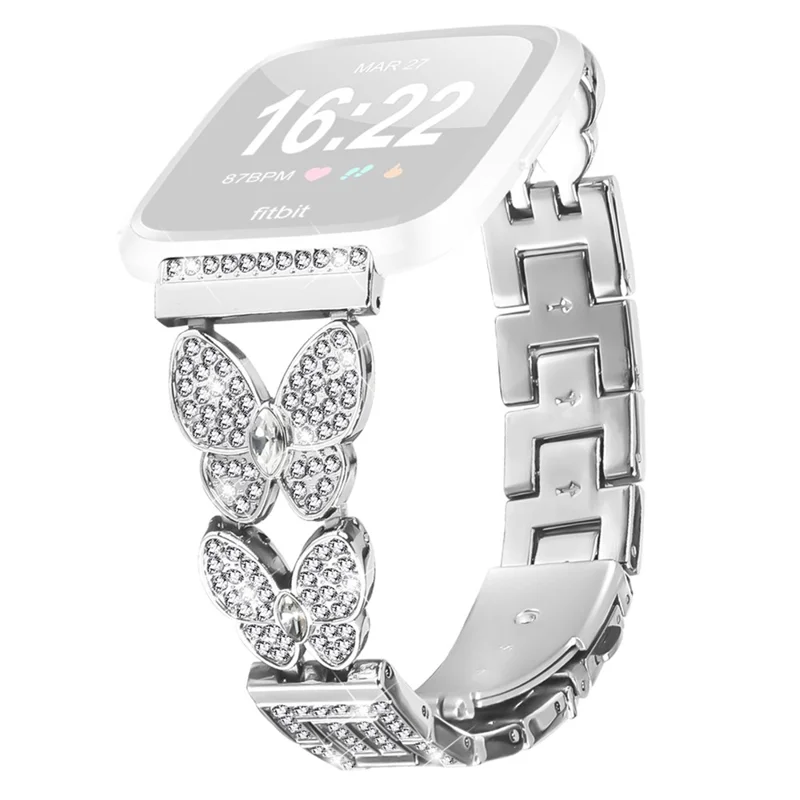 For Fitbit Versa Lite Watch Band Butterfly Rhinestones Decor Silver Alloy Metal Strap