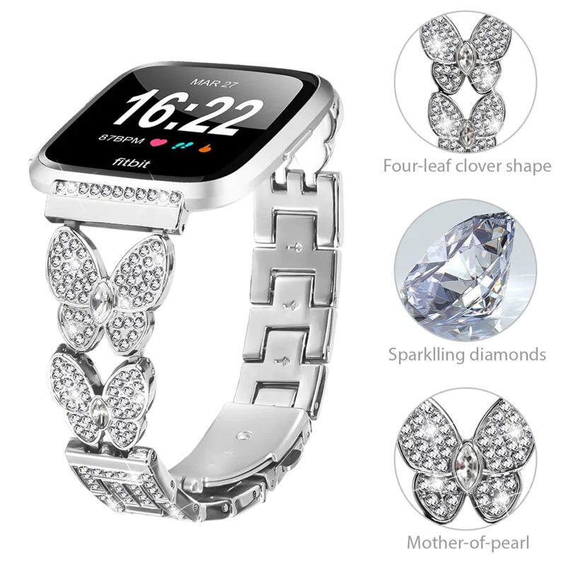 For Fitbit Versa Lite Watch Band Butterfly Rhinestones Decor Silver Alloy Metal Strap