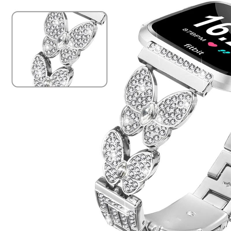 For Fitbit Versa Lite Watch Band Butterfly Rhinestones Decor Silver Alloy Metal Strap