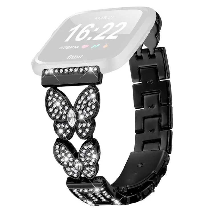 Pulseira de relógio Fitbit Versa Lite com borboleta e decoração de strass - Preto