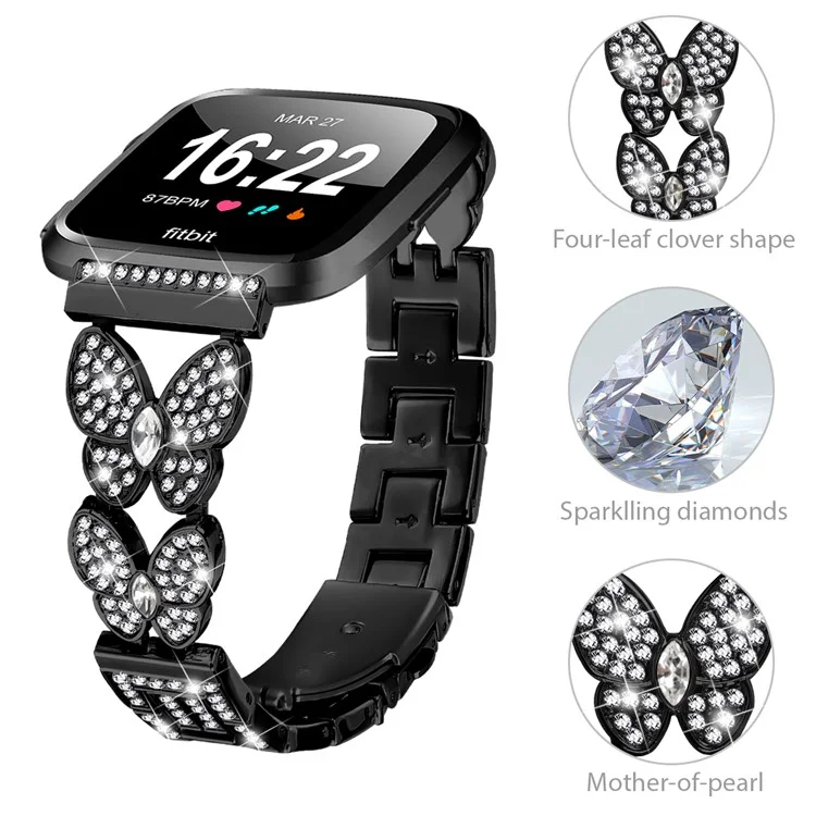 Pulseira de relógio Fitbit Versa Lite com borboleta e decoração de strass - Preto
