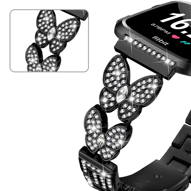 Pulseira de relógio Fitbit Versa Lite com borboleta e decoração de strass - Preto