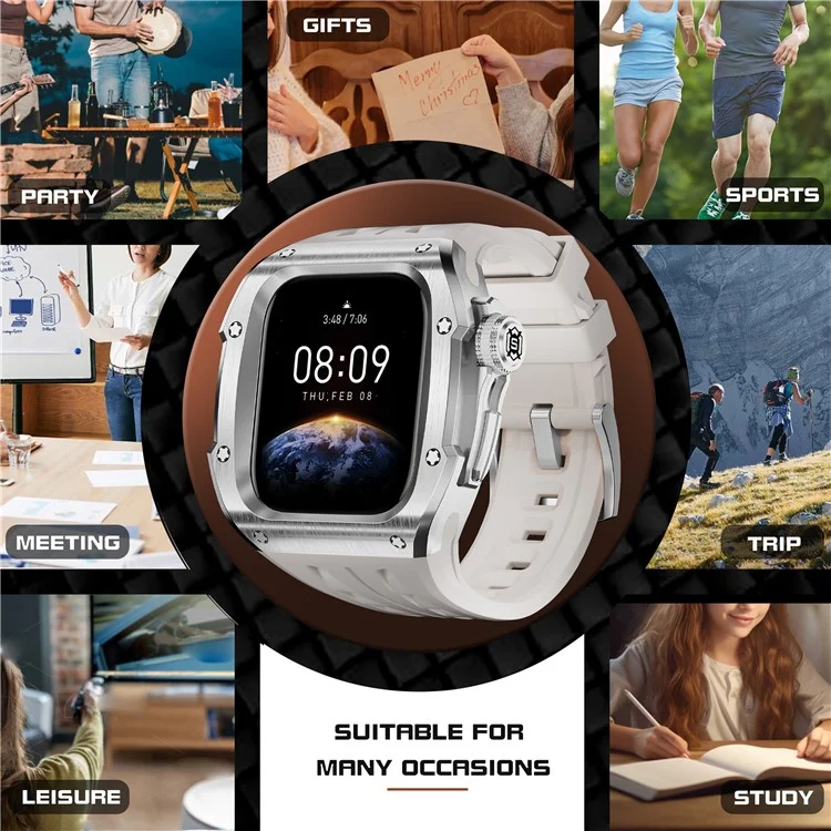 SHELLBOX For Apple Watch Series 10 46mm Metal Anti Drop Modification Watch Case with Band - Steel Color+White