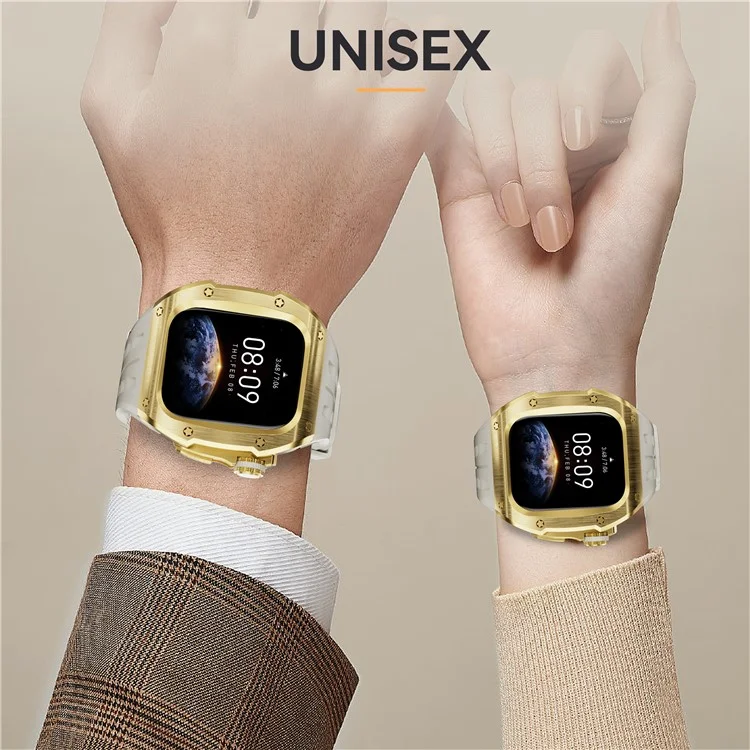 SHELLBOX For Apple Watch Series 10 46mm Metal Anti Drop Modification Watch Case with Band - Gold+White
