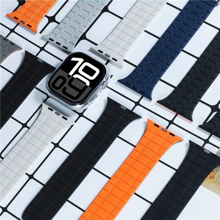 Silikonarmband für Apple Watch Series 10 Ultra 9 8 7 SE 6 5 4 3 2 1 46mm 49mm 45mm 44mm 42mm mit magnetischem Aluminiumverschluss - Schwarz+Orange