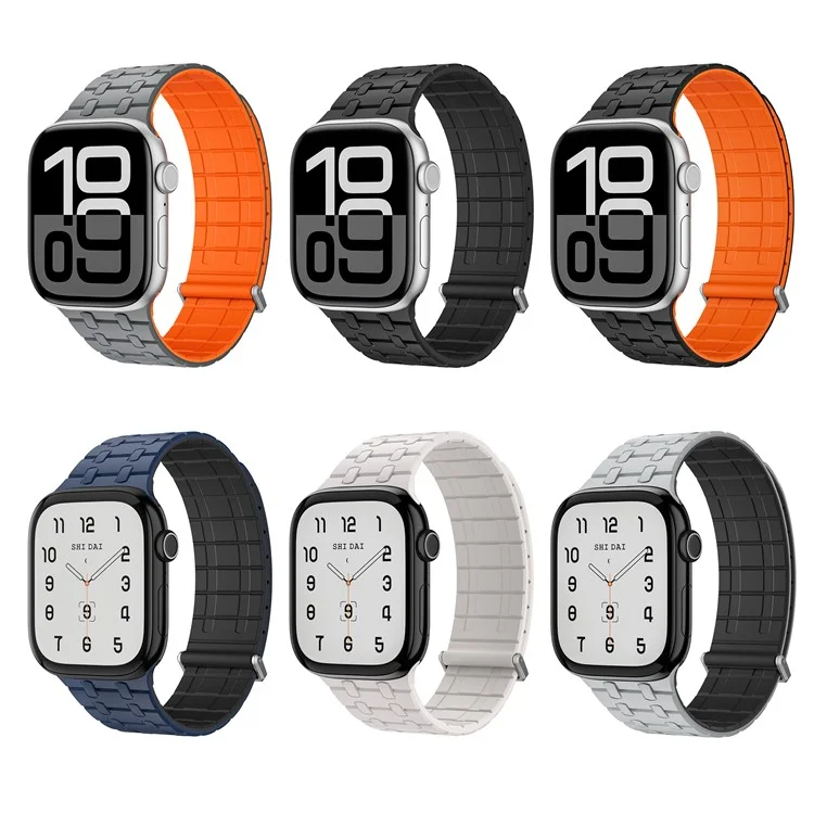 Silikonarmband für Apple Watch Series 10 Ultra 9 8 7 SE 6 5 4 3 2 1 46mm 49mm 45mm 44mm 42mm mit magnetischem Aluminiumverschluss - Schwarz+Orange