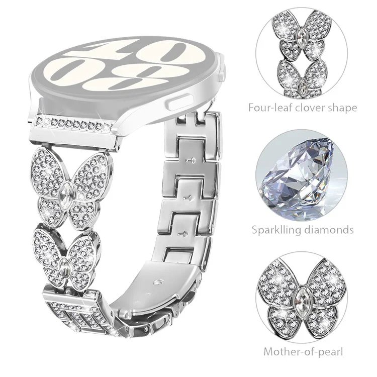 Cinturino in lega di metallo argento con decorazioni di cristalli di farfalla per Huami Amazfit Bip 5