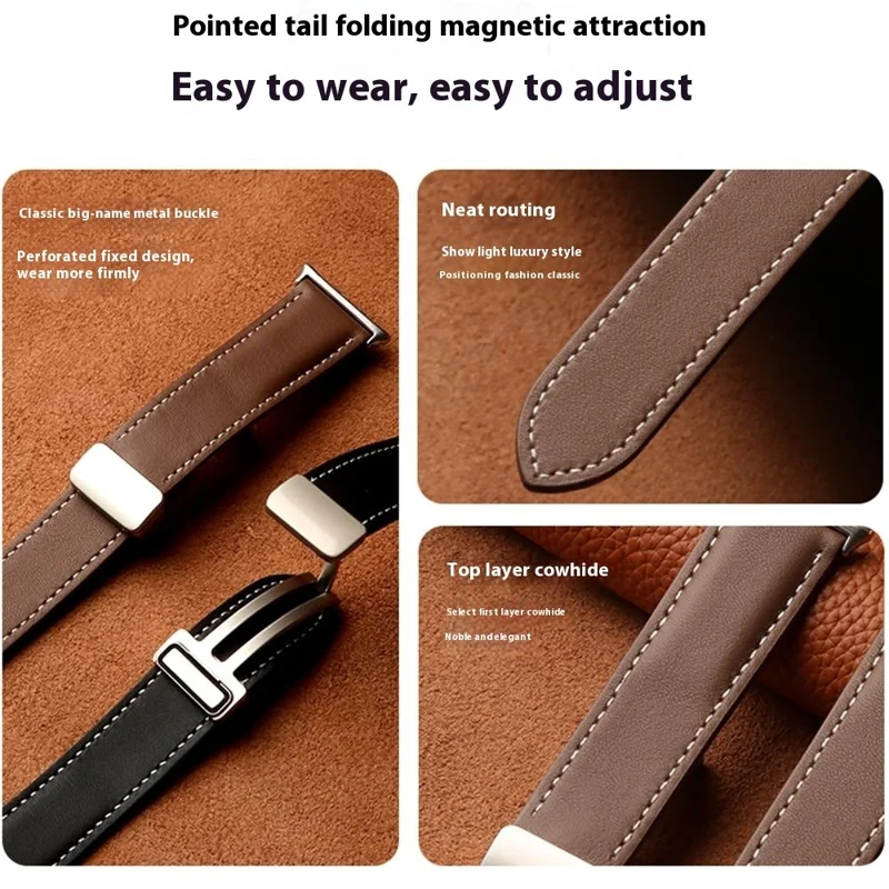 Pulseira de couro preta com fivela magnética dobrável e ponta afilada para o relógio For Honor 5