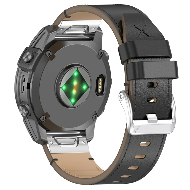 26mm Watch Band For Garmin Fenix 8 51mm  /  7X  /  6X  /  5X Quick Release Genuine Leather Watch Strap - Black  /  Silver Buckle