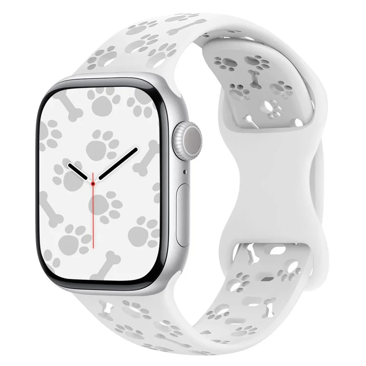 Pulseira de silicone para Apple Watch Series 10 9 8 7 SE 6 5 4 3 2 1 42mm 41mm 40mm 38mm - Design de pata de cachorro e osso - Branca