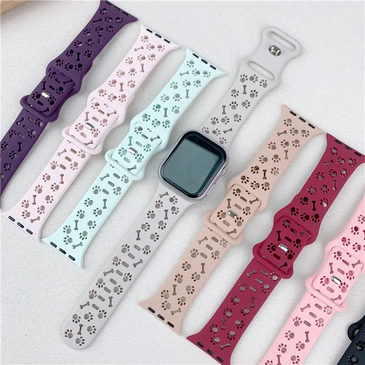 Silikonband für Apple Watch Series 10 Ultra 9 8 7 SE 6 5 4 3 2 1 46mm 49mm 45mm 44mm 42mm Hundetatzenmuster-Armband - Rosé-Pink