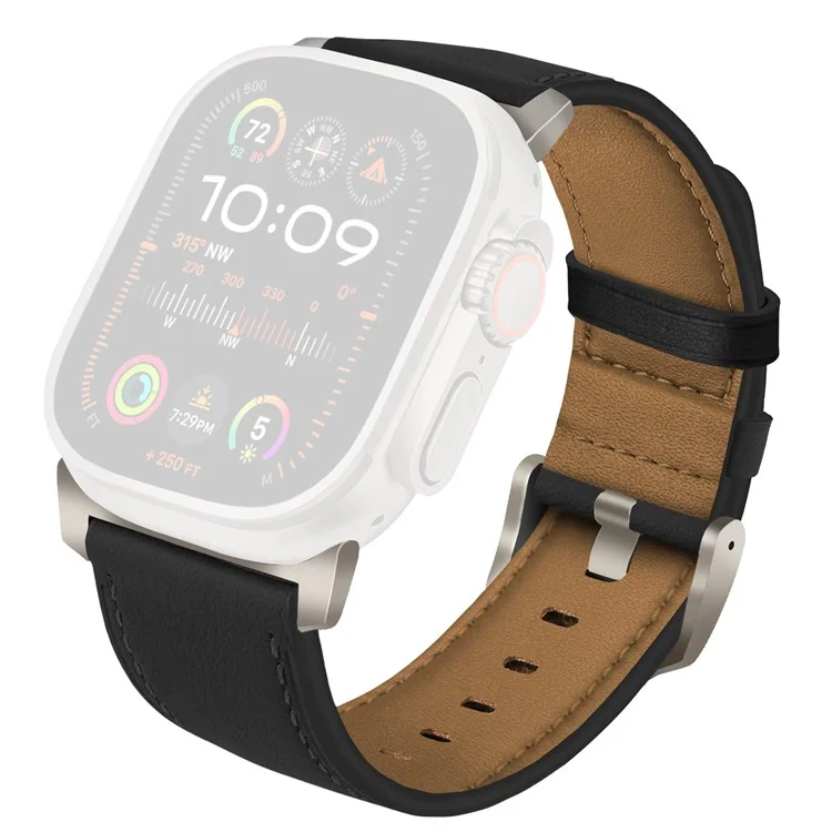 Bracelet de montre pour Apple Watch Series 10 Ultra 9 8 7 SE 6 5 4 3 2 1 46 mm 49 mm 45 mm 44 mm 42 mm, en véritable cuir de vache - Noir