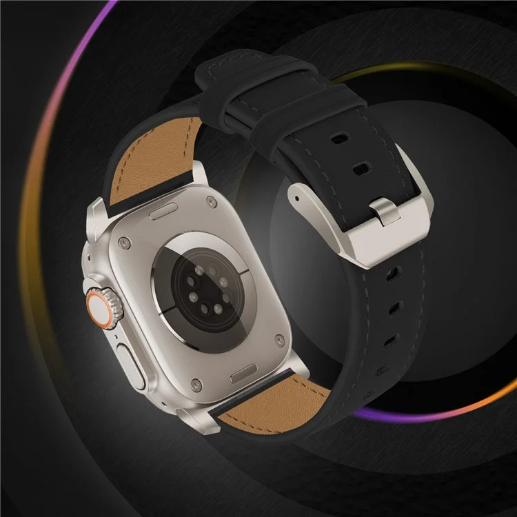 Bracelet de montre pour Apple Watch Series 10 Ultra 9 8 7 SE 6 5 4 3 2 1 46 mm 49 mm 45 mm 44 mm 42 mm, en véritable cuir de vache - Noir