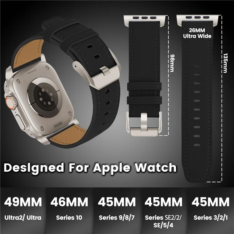 Bracelet de montre pour Apple Watch Series 10 Ultra 9 8 7 SE 6 5 4 3 2 1 46 mm 49 mm 45 mm 44 mm 42 mm, en véritable cuir de vache - Noir