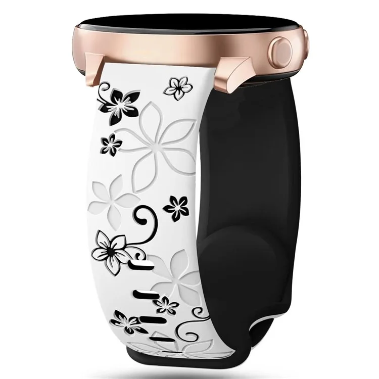 Pulseira de silicone com flor gravada de 20 mm para Samsung Galaxy Watch6 Classic 47 mm / 43 mm / Watch6 44 mm / 40 mm, pulseira de relógio bicolor - Branco / Preto
