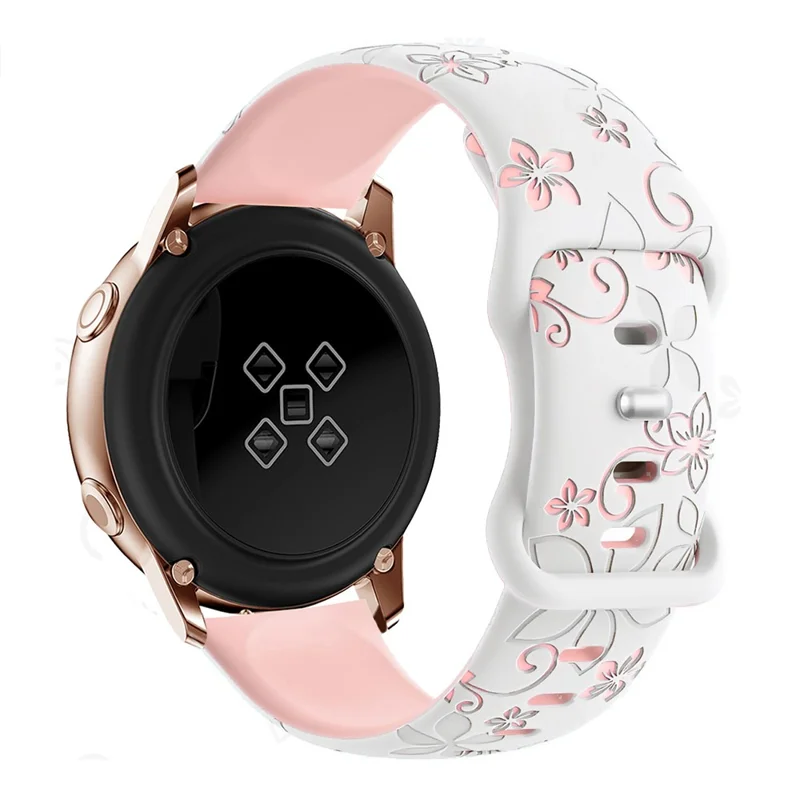 22mm Engraved Flower Silicone Strap for Samsung Galaxy Watch3 45mm / Huawei Watch GT 5 46mm / GT 5 Pro 46mm Dual Color Watch Band - White+Pink