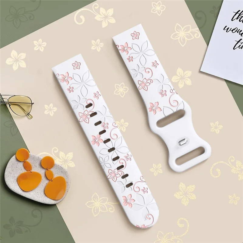 22mm Engraved Flower Silicone Strap for Samsung Galaxy Watch3 45mm / Huawei Watch GT 5 46mm / GT 5 Pro 46mm Dual Color Watch Band - White+Pink