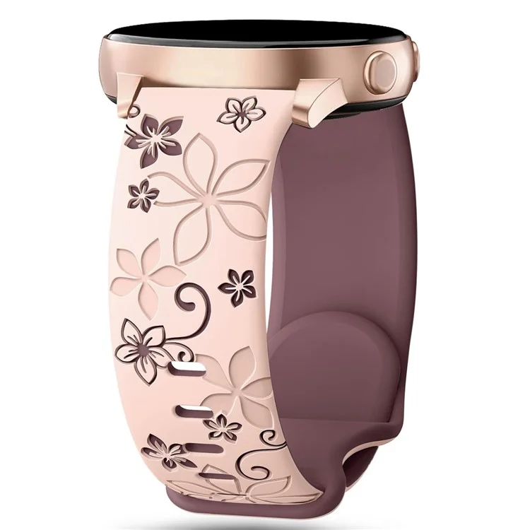 22mm Engraved Flower Silicone Strap for Samsung Galaxy Watch3 45mm / Huawei Watch GT 5 46mm / GT 5 Pro 46mm Dual Color Watch Band - Pink+Smoke Purple
