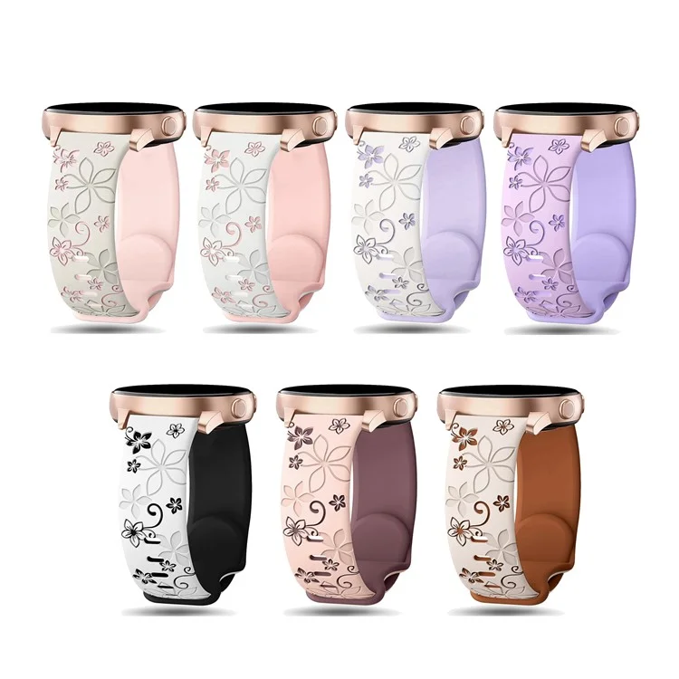 22mm Engraved Flower Silicone Strap for Samsung Galaxy Watch3 45mm / Huawei Watch GT 5 46mm / GT 5 Pro 46mm Dual Color Watch Band - Pink+Smoke Purple