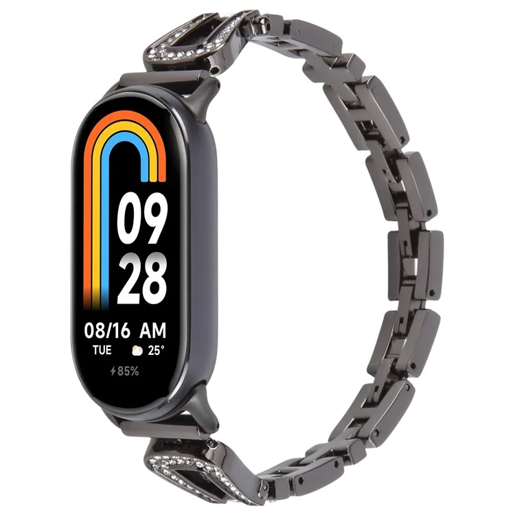 Metal Watch Strap for Xiaomi Smart Band 9 NFC / 9 / 8 U-Shaped Rhinestone Wrist Band - Black