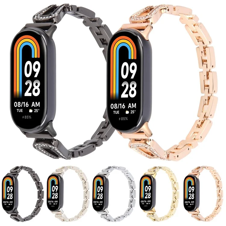 Metal Watch Strap for Xiaomi Smart Band 9 NFC / 9 / 8 U-Shaped Rhinestone Wrist Band - Black